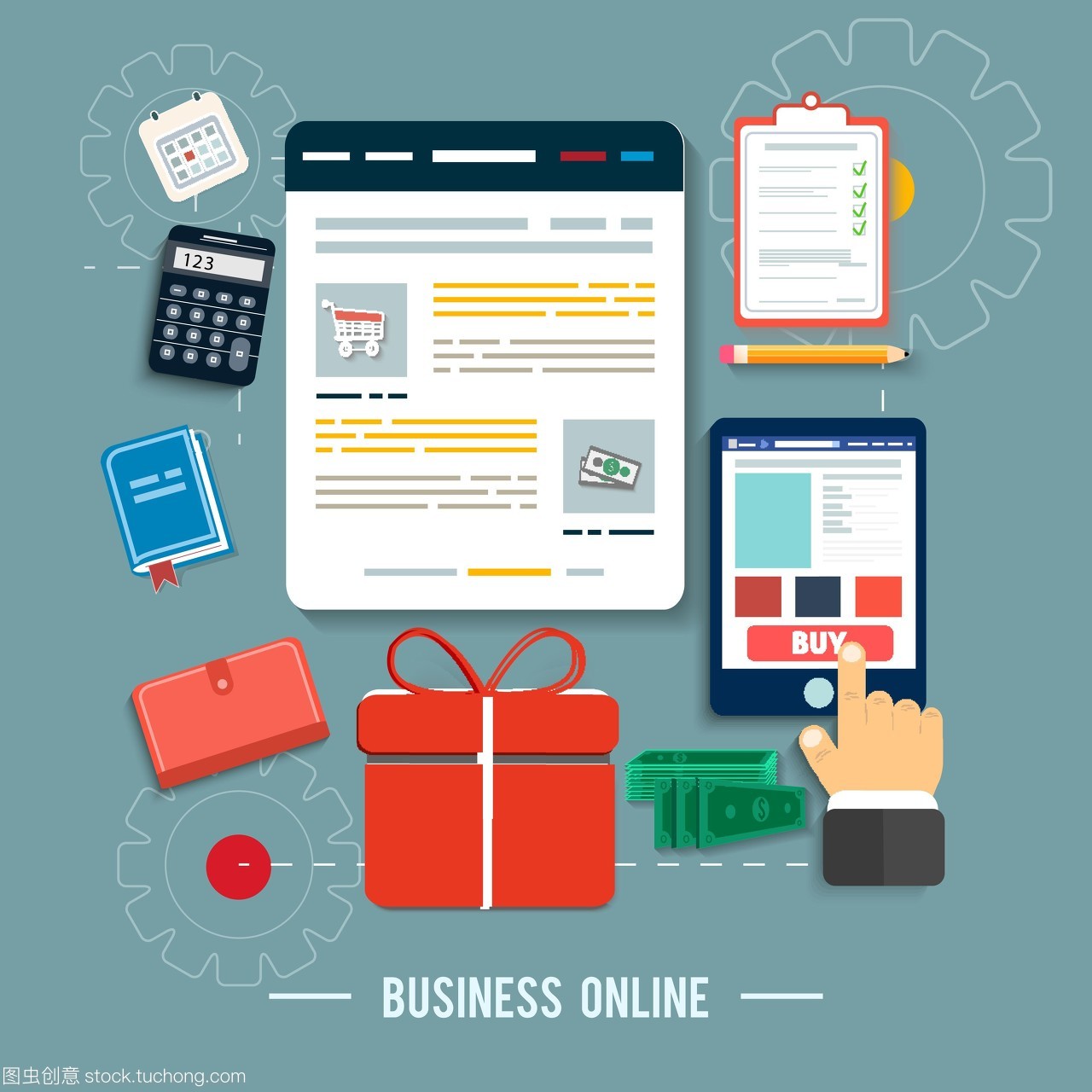 業(yè)務(wù)網(wǎng)絡(luò)圖標(biāo)。在平面設(shè)計(jì)中通過網(wǎng)上商店和電子商務(wù)思想符號和購物元素購買產(chǎn)品圖標(biāo)的海報(bào)概念